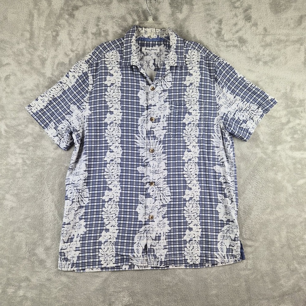 Tommy Bahama Mens Slik Hawaiian Shirt Mens Medium Blue Plaid Aloha Short Sleeve